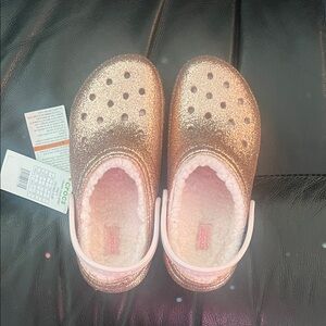 CROCS Glittery Gold Clogs with Soft Pink Lining